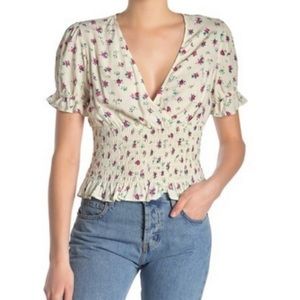 #336 Nordstrom Abound Floral Short Sleeve Smocked Ivory Top